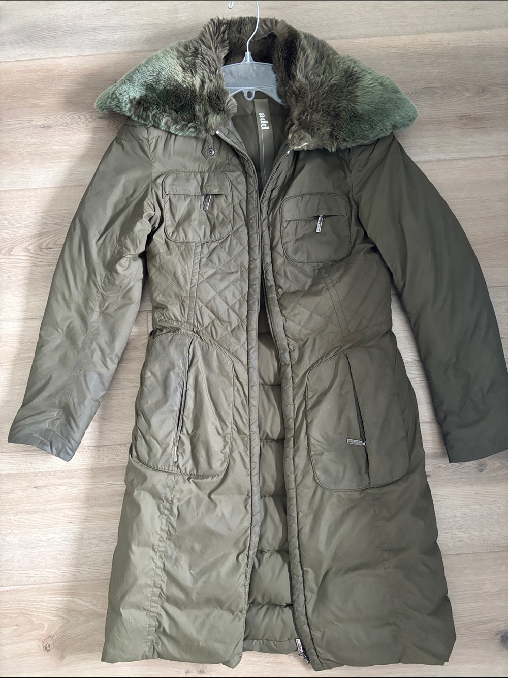 Add Down Olive Green Slim Puffer Coat with Fur Collar